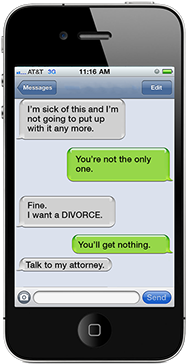 Image of a smart phone with messages indicating serious trouble in the marriage.